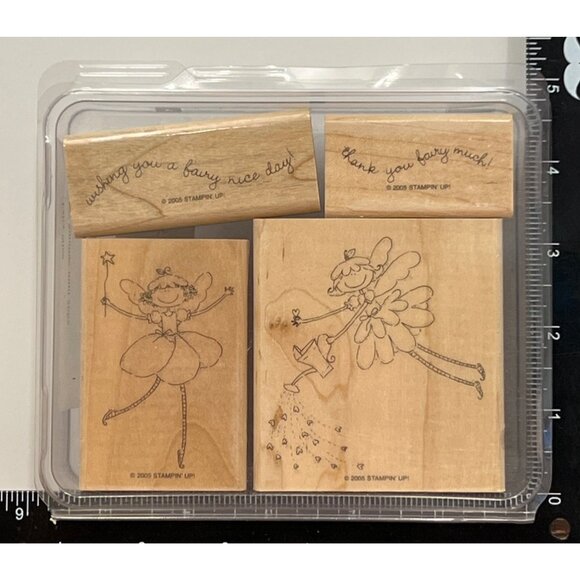 2005 STAMPIN' UP! 105753 FAIRY NICE Wood Mounted Rubber Stamp set of 4 WAND STAR - Picture 2 of 5